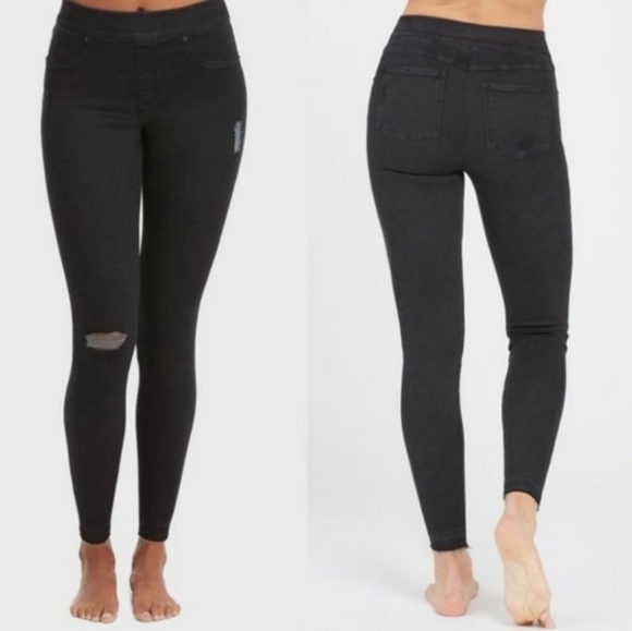 SPANX Jeans Vintage Distressed Ankle Comfy Pull-on Black Elastic High Rise Waist - Picture 1 of 5